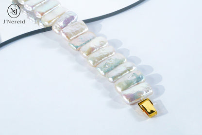 Rectangle Freshwater Baroque Pearl Watch-Style Unisex Bracelet for Watch Stacking, S925 Silver Clasp