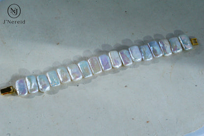 Rectangle Freshwater Baroque Pearl Watch-Style Unisex Bracelet for Watch Stacking, S925 Silver Clasp