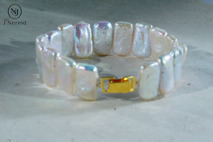 Rectangle Freshwater Baroque Pearl Watch-Style Unisex Bracelet for Watch Stacking, S925 Silver Clasp