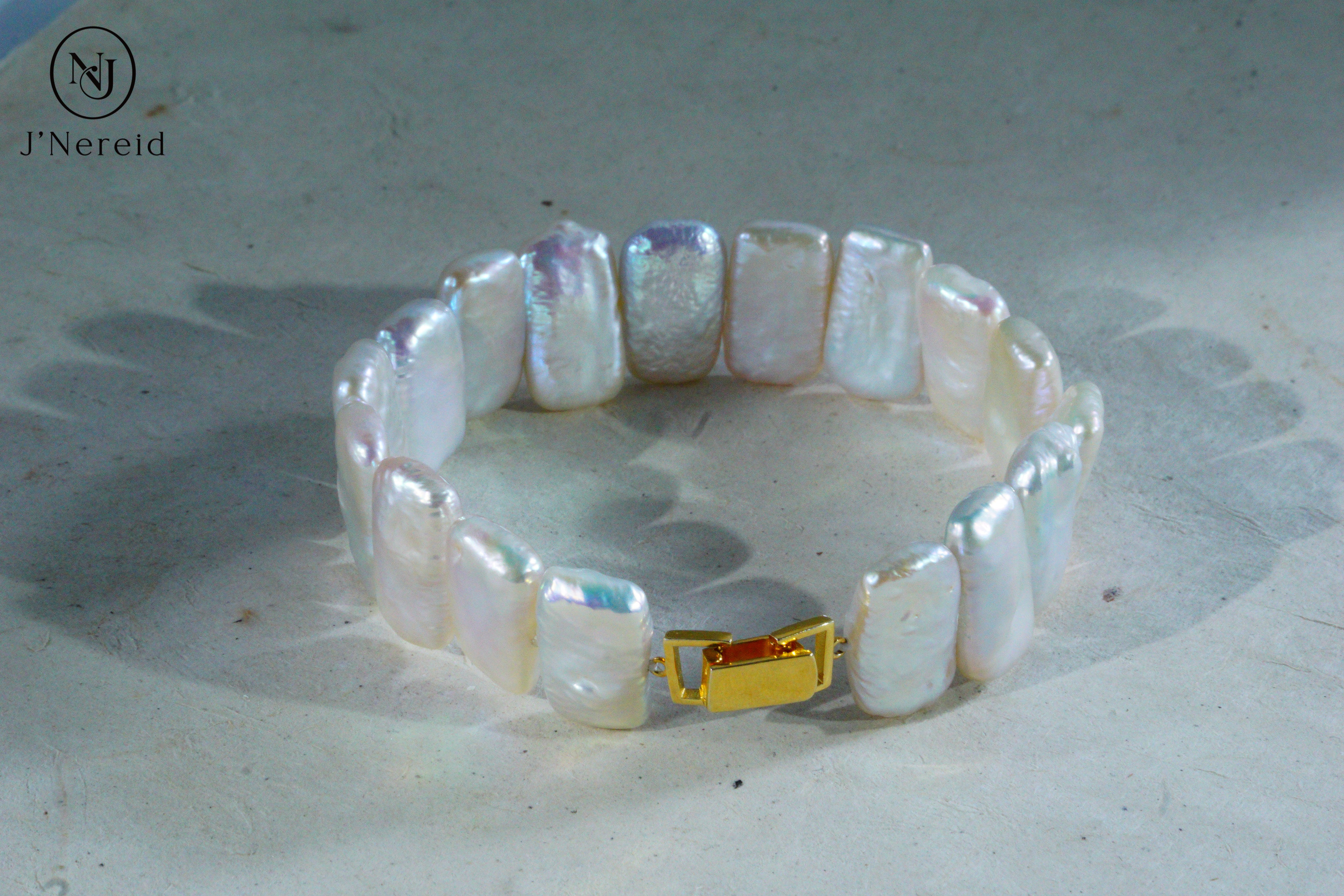 Rectangle Freshwater Baroque Pearl Watch-Style Unisex Bracelet for Watch Stacking, S925 Silver Clasp