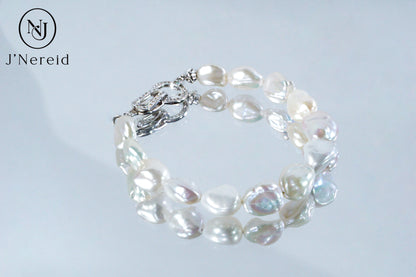 White Freshwater Baroque Pearl Bracelet with S925 Silver Zircon Clasp, Irregular Keshi Pearl Bracelet for Women