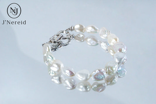 White Freshwater Baroque Pearl Bracelet with S925 Silver Zircon Clasp, Irregular Keshi Pearl Bracelet for Women