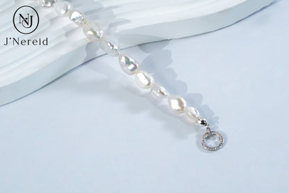 White Freshwater Baroque Pearl Bracelet with S925 Silver Zircon Clasp, Irregular Keshi Pearl Bracelet for Women