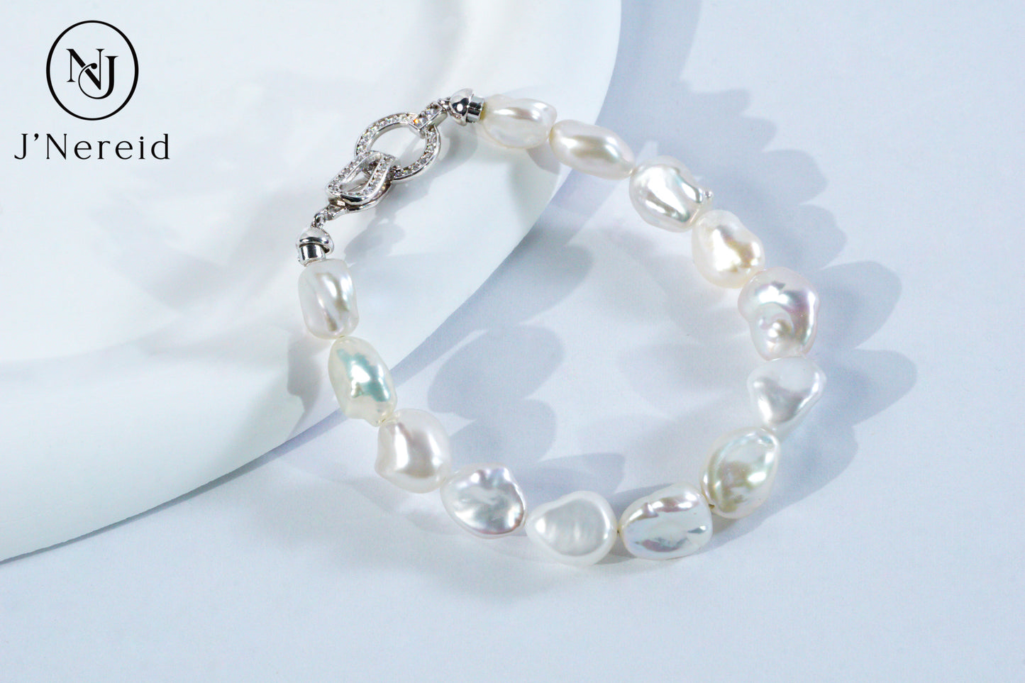 White Freshwater Baroque Pearl Bracelet with S925 Silver Zircon Clasp, Irregular Keshi Pearl Bracelet for Women