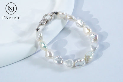 White Freshwater Baroque Pearl Bracelet with S925 Silver Zircon Clasp, Irregular Keshi Pearl Bracelet for Women