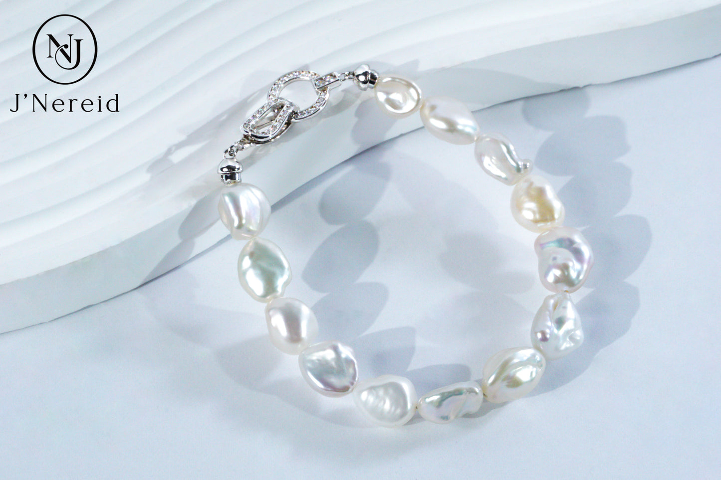 White Freshwater Baroque Pearl Bracelet with S925 Silver Zircon Clasp, Irregular Keshi Pearl Bracelet for Women