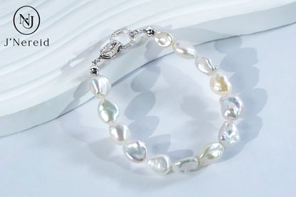 White Freshwater Baroque Pearl Bracelet with S925 Silver Zircon Clasp, Irregular Keshi Pearl Bracelet for Women