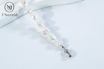 White Freshwater Baroque Pearl Bracelet with S925 Silver Zircon Clasp, Irregular Keshi Pearl Bracelet for Women