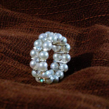 3-4mm Aurora Freshwater Pearl Double Row Adjustable Stretchy Ring Band with S925 Silver & Zircon Accents