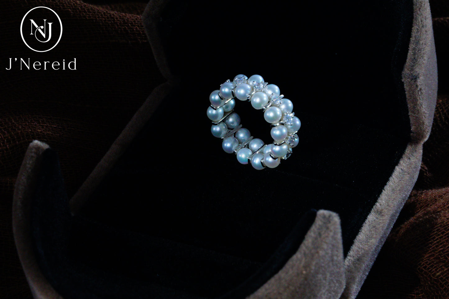 3-4mm Aurora Freshwater Pearl Double Row Adjustable Stretchy Ring Band with S925 Silver & Zircon Accents
