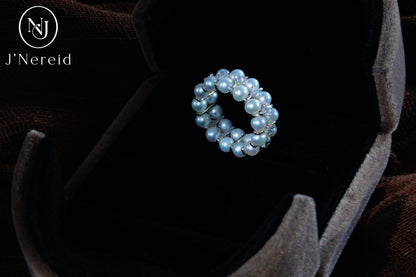 3-4mm Aurora Freshwater Pearl Double Row Adjustable Stretchy Ring Band with S925 Silver & Zircon Accents