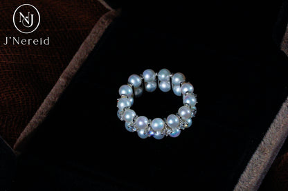 3-4mm Aurora Freshwater Pearl Double Row Adjustable Stretchy Ring Band with S925 Silver & Zircon Accents