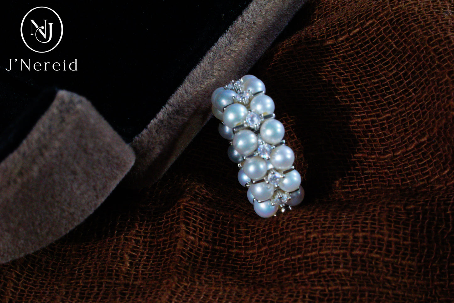 3-4mm Aurora Freshwater Pearl Double Row Adjustable Stretchy Ring Band with S925 Silver & Zircon Accents