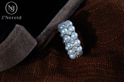 3-4mm Aurora Freshwater Pearl Double Row Adjustable Stretchy Ring Band with S925 Silver & Zircon Accents