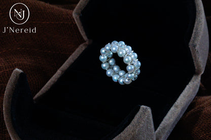 3-4mm Aurora Freshwater Pearl Double Row Adjustable Stretchy Ring Band with S925 Silver & Zircon Accents