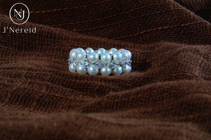 3-4mm Aurora Freshwater Pearl Double Row Adjustable Stretchy Ring Band with S925 Silver & Zircon Accents