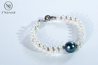 11-12mm Tahitian Pearl & 3-4mm Aurora Freshwater Pearl Double Strand Bracelet, S925 Sterling Silver Clasp, Elegant Bridal & Daily Jewelry Gift for Women
