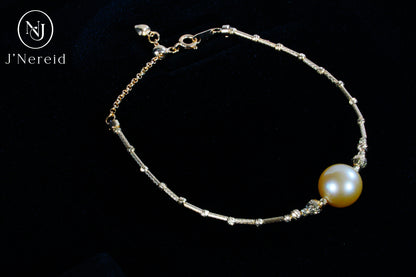 10-11mm Round South Sea Golden Pearl Adjustable Bracelet, S925 Sterling Silver Twist Bangle with Extension Chain, Minimalist "Pineapple Ball" Design, Adjustable 5.9"+1.18" Extender，Hypoallergenic Jewelry for Women
