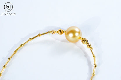 10-11mm Round South Sea Golden Pearl Adjustable Bracelet, S925 Sterling Silver Twist Bangle with Extension Chain, Minimalist "Pineapple Ball" Design, Adjustable 5.9"+1.18" Extender，Hypoallergenic Jewelry for Women
