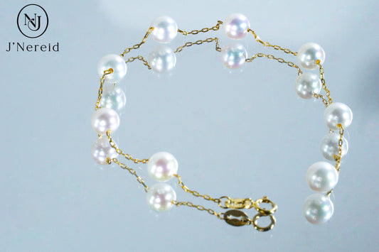 6-7mm Aurora Freshwater Pearl "Starlight" Bracelet, S925 Sterling Silver Chain, Delicate Dainty "Starburst" Style, Elegant & Fairycore Jewelry for Women