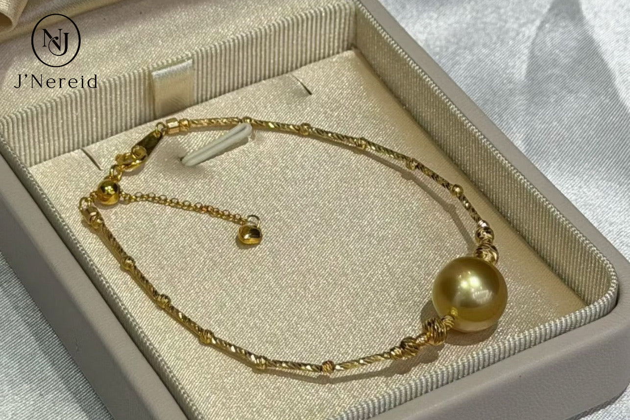 10-11mm Round South Sea Golden Pearl Adjustable Bracelet, S925 Sterling Silver Twist Bangle with Extension Chain, Minimalist "Pineapple Ball" Design, Adjustable 5.9"+1.18" Extender，Hypoallergenic Jewelry for Women