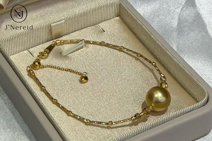 10-11mm Round South Sea Golden Pearl Adjustable Bracelet, S925 Sterling Silver Twist Bangle with Extension Chain, Minimalist "Pineapple Ball" Design, Adjustable 5.9"+1.18" Extender，Hypoallergenic Jewelry for Women