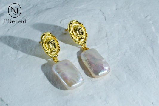 S925 Sterling Silver Vintage Coin Square Baroque Freshwater Pearl Drop Dangle Earrings for Women, Unique Irregular Pearl Earrings, Fashion Jewelry Gift