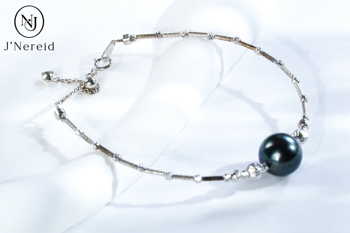 Tahitian Pearl Bangle Bracelet, 10-11mm Dark Green Round Pearl with S925 Silver Pineapple Ball Adjustable Chain,5.91" + 1.18" Extender