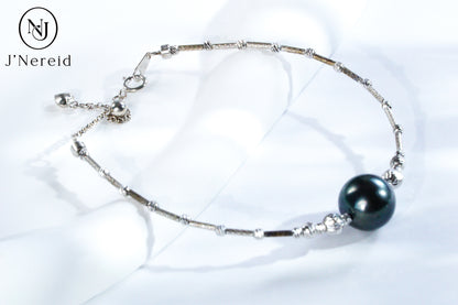 Tahitian Pearl Bangle Bracelet, 10-11mm Dark Green Round Pearl with S925 Silver Pineapple Ball Adjustable Chain,5.91" + 1.18" Extender