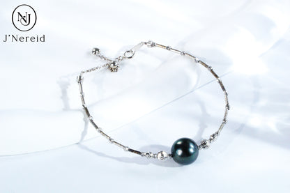 Tahitian Pearl Bangle Bracelet, 10-11mm Dark Green Round Pearl with S925 Silver Pineapple Ball Adjustable Chain,5.91" + 1.18" Extender