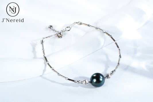 Tahitian Pearl Bangle Bracelet, 10-11mm Dark Green Round Pearl with S925 Silver Pineapple Ball Adjustable Chain,5.91" + 1.18" Extender