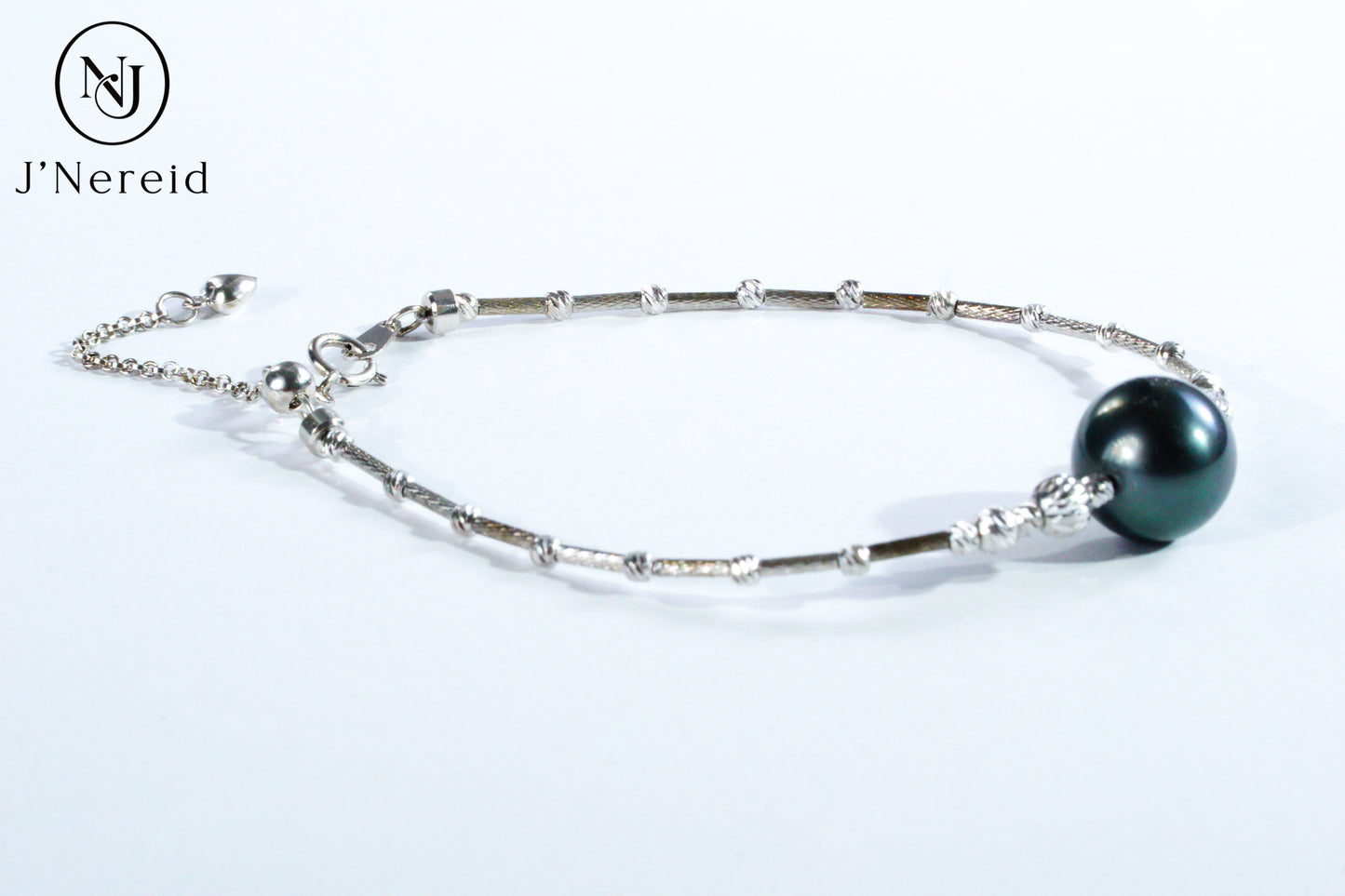 Tahitian Pearl Bangle Bracelet, 10-11mm Dark Green Round Pearl with S925 Silver Pineapple Ball Adjustable Chain,5.91" + 1.18" Extender