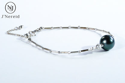 Tahitian Pearl Bangle Bracelet, 10-11mm Dark Green Round Pearl with S925 Silver Pineapple Ball Adjustable Chain,5.91" + 1.18" Extender