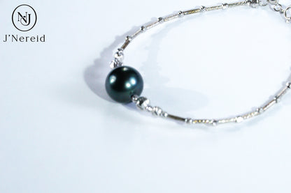 Tahitian Pearl Bangle Bracelet, 10-11mm Dark Green Round Pearl with S925 Silver Pineapple Ball Adjustable Chain,5.91" + 1.18" Extender