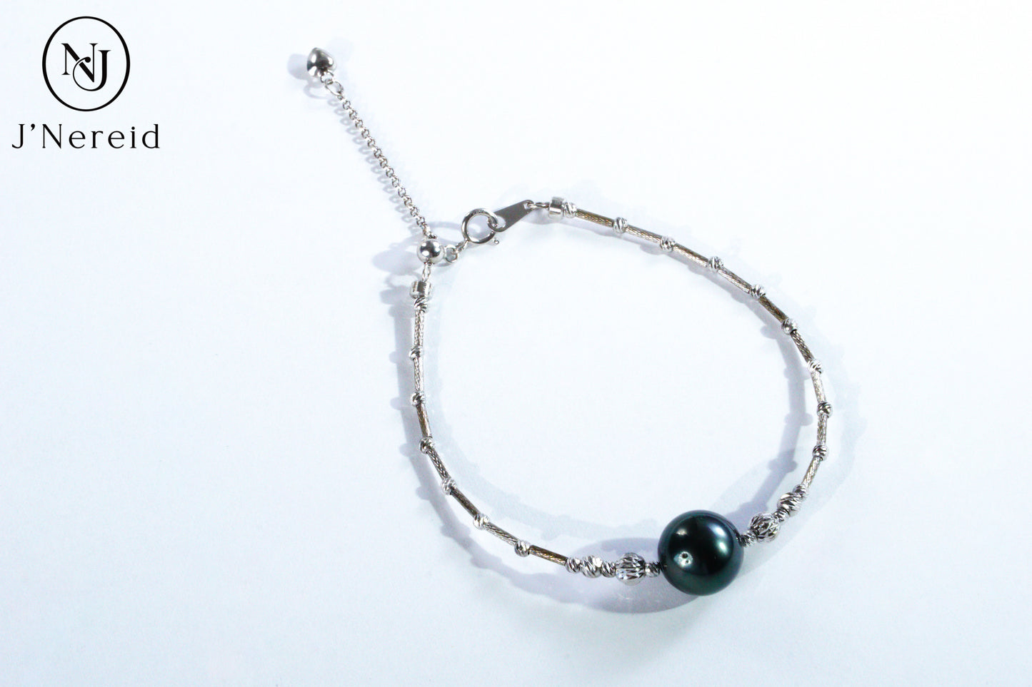 Tahitian Pearl Bangle Bracelet, 10-11mm Dark Green Round Pearl with S925 Silver Pineapple Ball Adjustable Chain,5.91" + 1.18" Extender