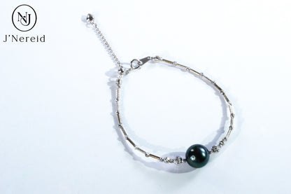 Tahitian Pearl Bangle Bracelet, 10-11mm Dark Green Round Pearl with S925 Silver Pineapple Ball Adjustable Chain,5.91" + 1.18" Extender