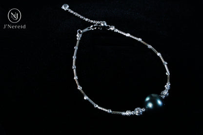 Tahitian Pearl Bangle Bracelet, 10-11mm Dark Green Round Pearl with S925 Silver Pineapple Ball Adjustable Chain,5.91" + 1.18" Extender