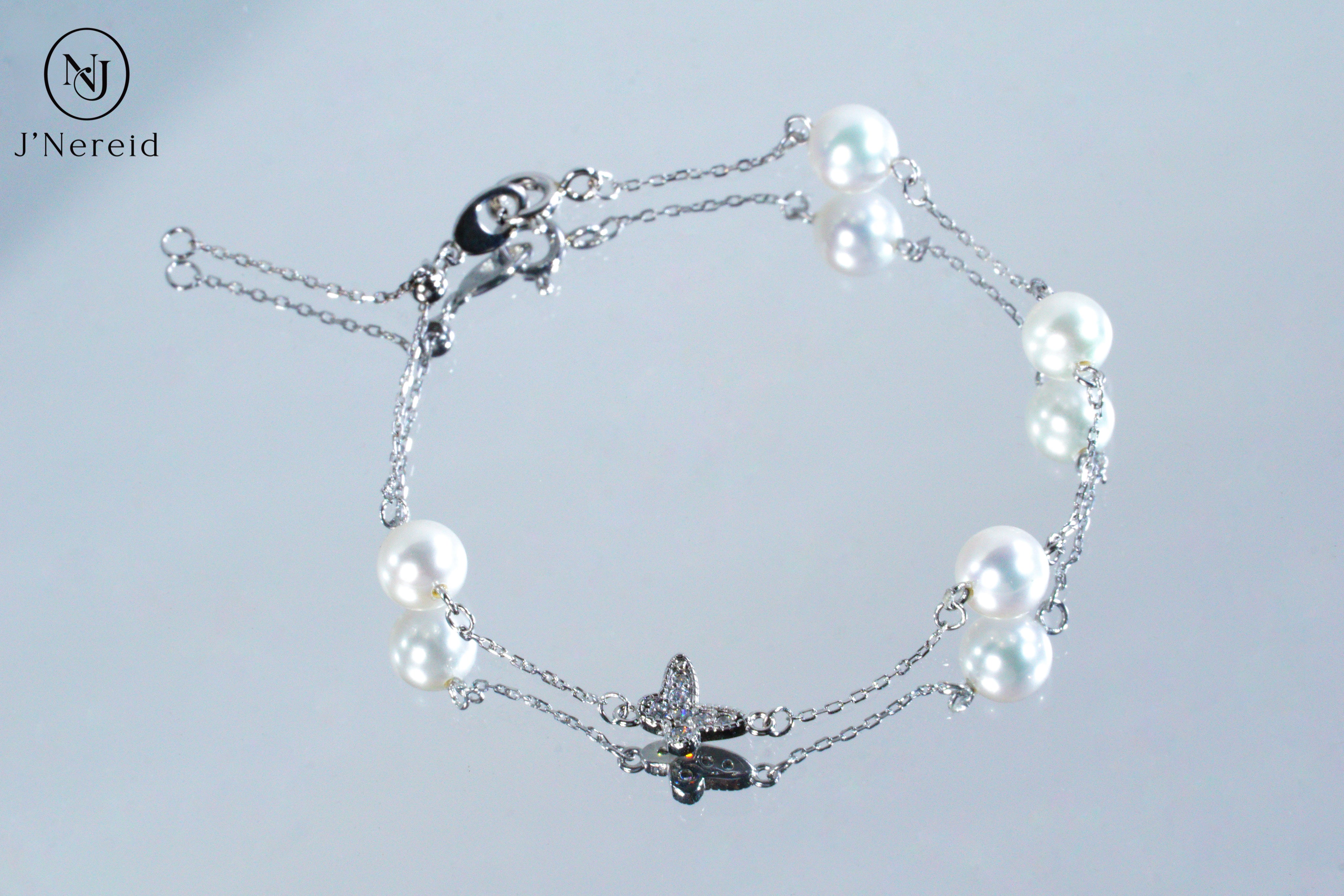 S925 Silver Butterfly Charm Aurora Round Freshwater Pearl Bracelet, 6-7mm Lustrous Pearls, Fairy Style Dainty Chain Adjustable Bracelet for Women