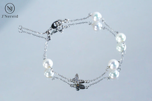 S925 Silver Butterfly Charm Aurora Round Freshwater Pearl Bracelet, 6-7mm Lustrous Pearls, Fairy Style Dainty Chain Adjustable Bracelet for Women