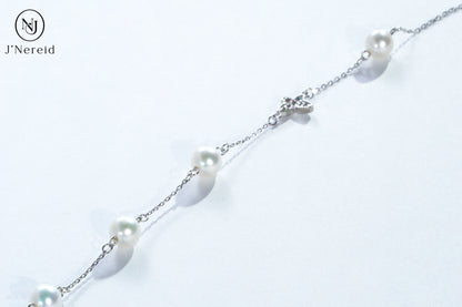 S925 Silver Butterfly Charm Aurora Round Freshwater Pearl Bracelet, 6-7mm Lustrous Pearls, Fairy Style Dainty Chain Adjustable Bracelet for Women