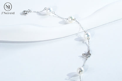 S925 Silver Butterfly Charm Aurora Round Freshwater Pearl Bracelet, 6-7mm Lustrous Pearls, Fairy Style Dainty Chain Adjustable Bracelet for Women