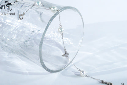 S925 Silver Butterfly Charm Aurora Round Freshwater Pearl Bracelet, 6-7mm Lustrous Pearls, Fairy Style Dainty Chain Adjustable Bracelet for Women
