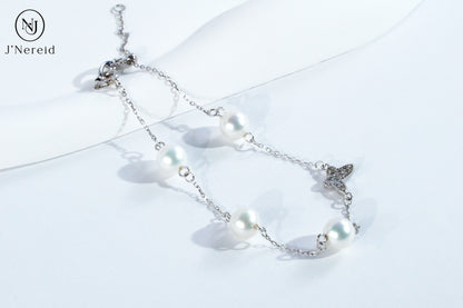 S925 Silver Butterfly Charm Aurora Round Freshwater Pearl Bracelet, 6-7mm Lustrous Pearls, Fairy Style Dainty Chain Adjustable Bracelet for Women