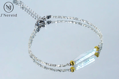 S925 Silver Sparkling Chip Bead Bracelet with Iridescent Freshwater Stick Pearl, Adjustable Fairycore Chain Bracelet for Women