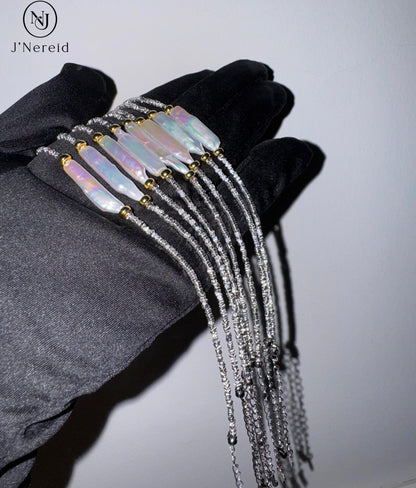 S925 Silver Sparkling Chip Bead Bracelet with Iridescent Freshwater Stick Pearl, Adjustable Fairycore Chain Bracelet for Women