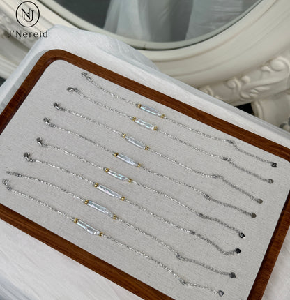 S925 Silver Sparkling Chip Bead Bracelet with Iridescent Freshwater Stick Pearl, Adjustable Fairycore Chain Bracelet for Women