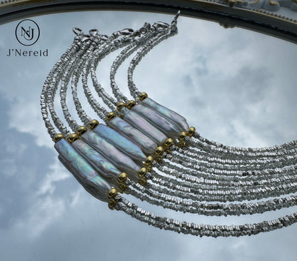 S925 Silver Sparkling Chip Bead Bracelet with Iridescent Freshwater Stick Pearl, Adjustable Fairycore Chain Bracelet for Women
