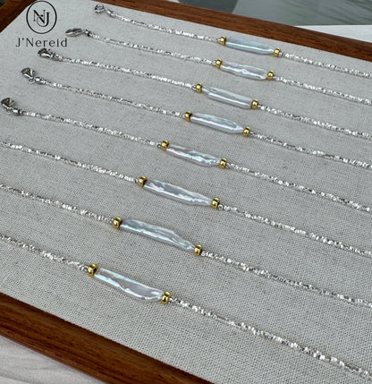 S925 Silver Sparkling Chip Bead Bracelet with Iridescent Freshwater Stick Pearl, Adjustable Fairycore Chain Bracelet for Women