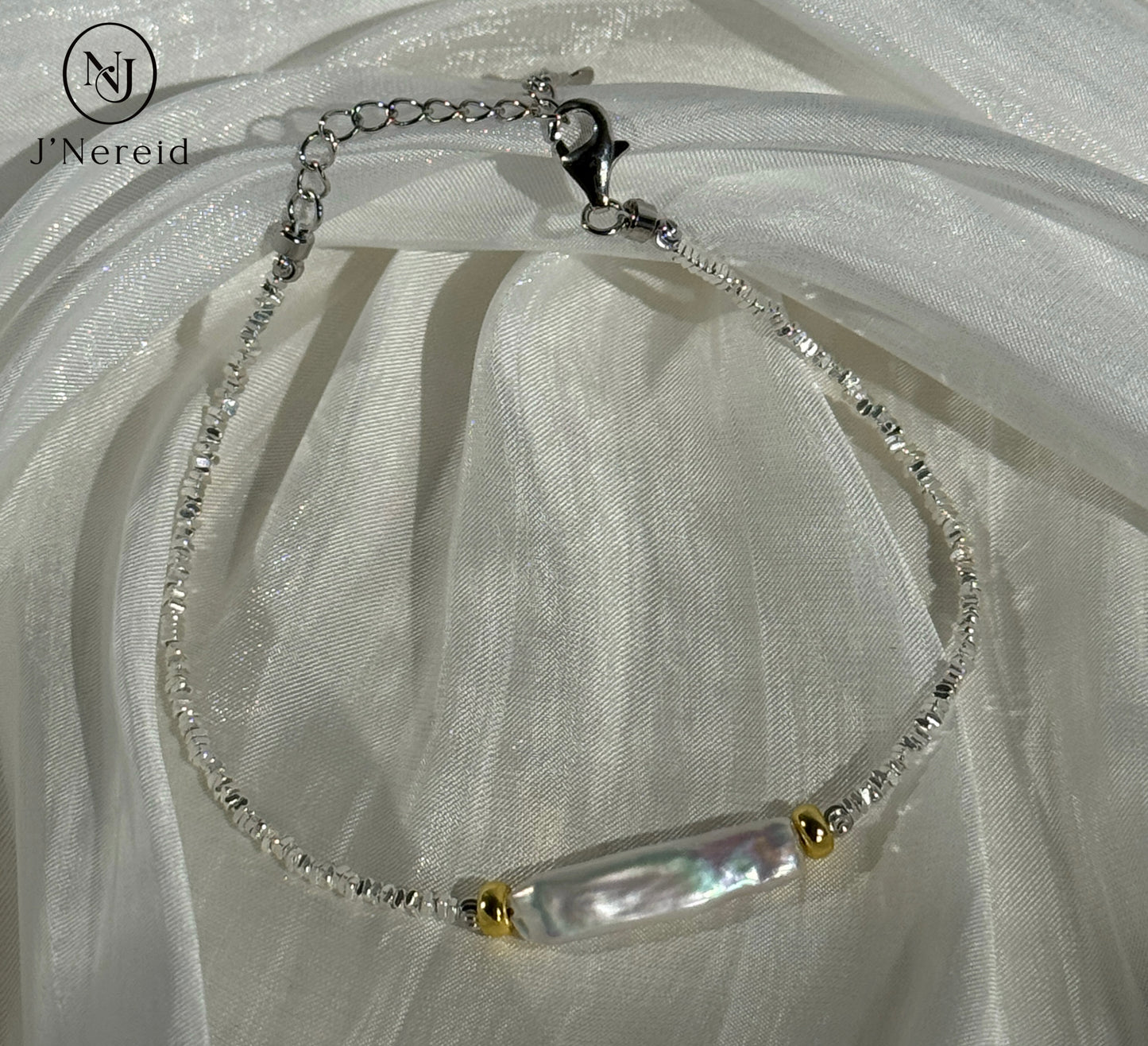 S925 Silver Sparkling Chip Bead Bracelet with Iridescent Freshwater Stick Pearl, Adjustable Fairycore Chain Bracelet for Women