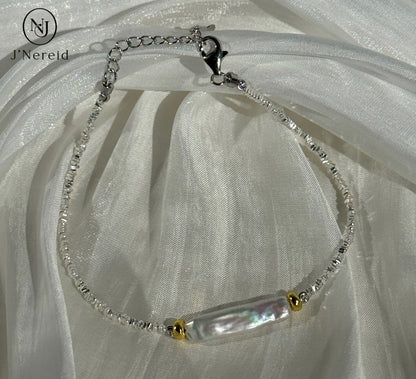 S925 Silver Sparkling Chip Bead Bracelet with Iridescent Freshwater Stick Pearl, Adjustable Fairycore Chain Bracelet for Women